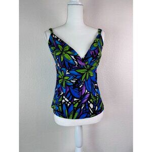 Longitude women's medium green blue floral tankini‎ swim top sewn in bra cups